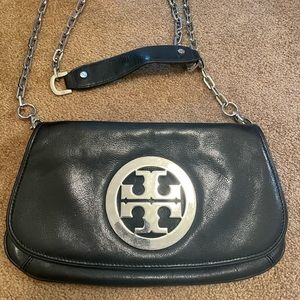 Tory Burch black clutch with silver long strap
